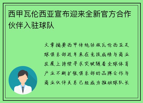 西甲瓦伦西亚宣布迎来全新官方合作伙伴入驻球队